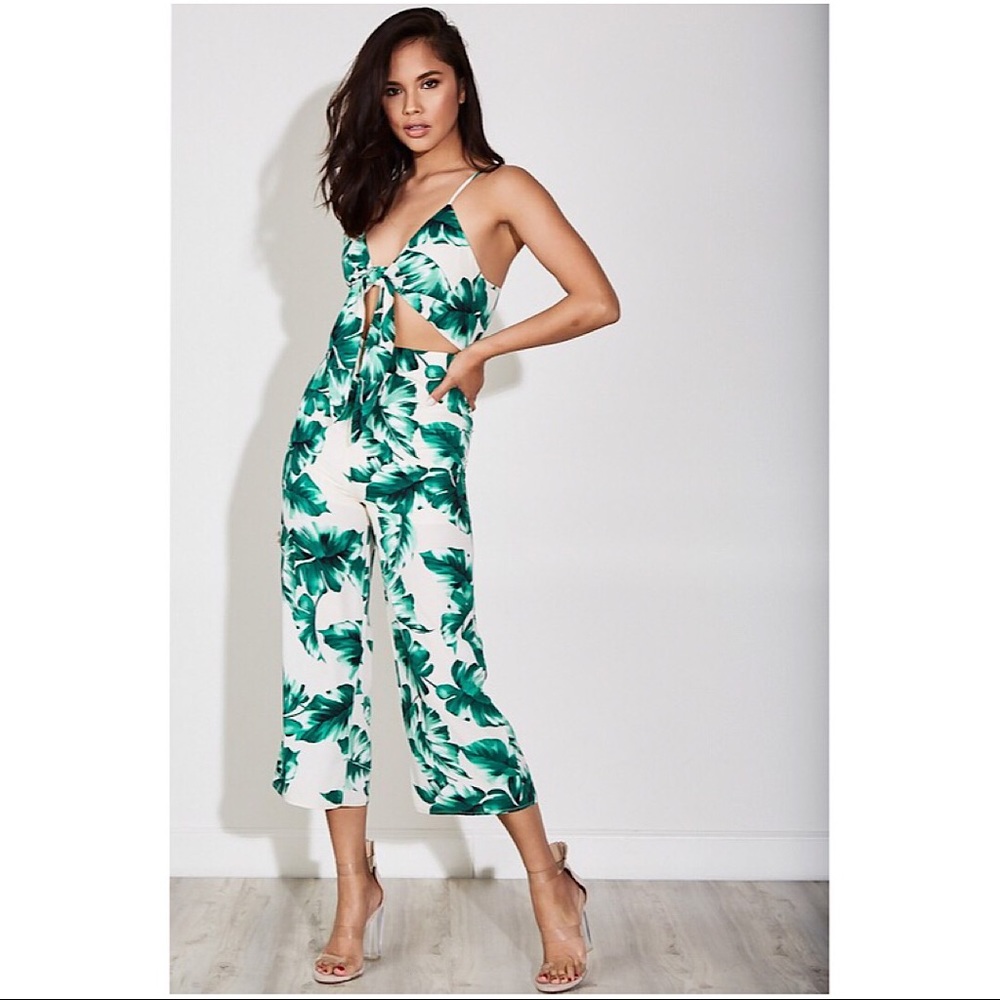 Tropical Print Palm Leaf Cut Out Jumpsuit - Picture 2 of 4
